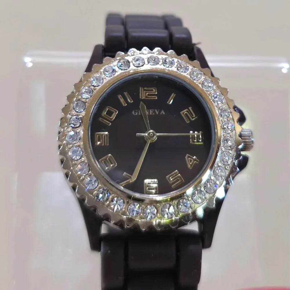 Geneva Women's Gold Brown Crystal Accent Wrist Watch Brown Silicone Band Works